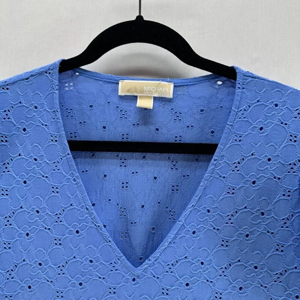 Michael Kors Floral Lace Eyelet Top Womens M V-Neck Ruffle Sleeve Pullover Blue
